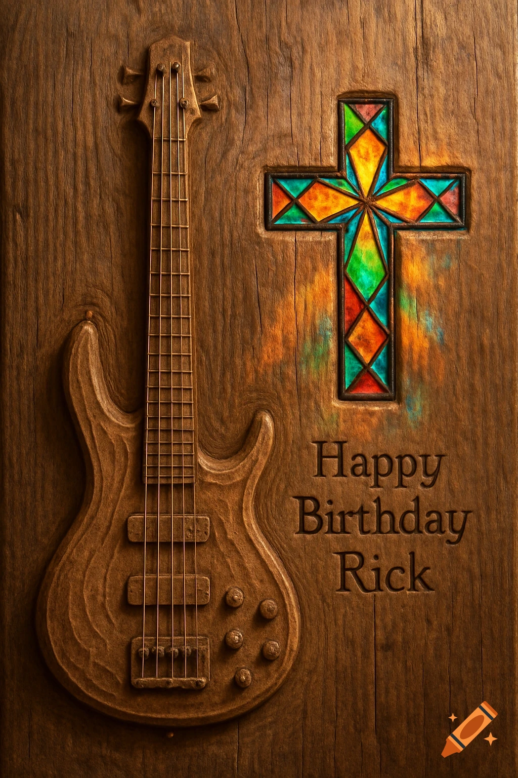 A rustic wood carving featuring a bass guitar, a stained glass cross, and the engraved text 'Happy Birthday Rick'.