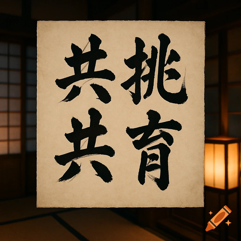 Bold black Japanese calligraphy '共挑共育' on a square beige paper in a traditional room.