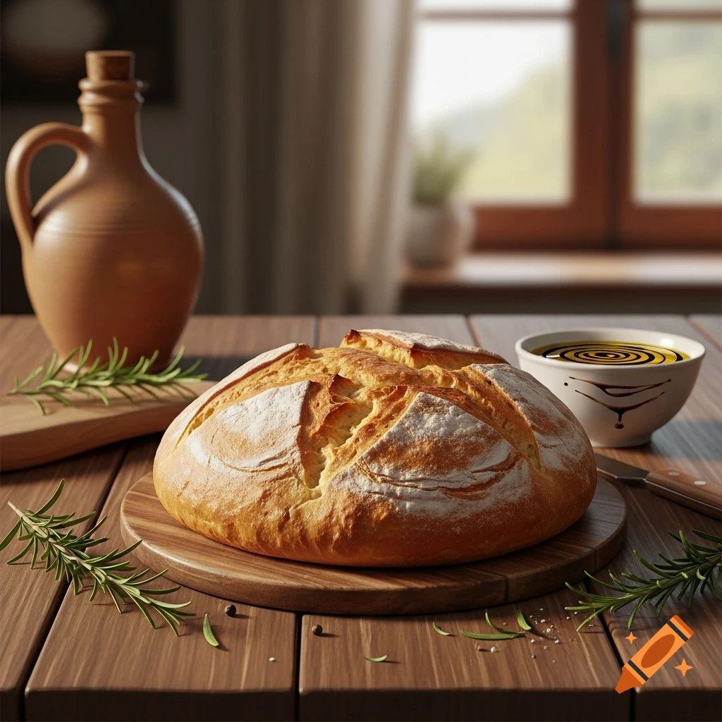 Photorealistic round Italian bread, rosemary, olive oil, and a ceramic jug on a rustic wooden table by a window.