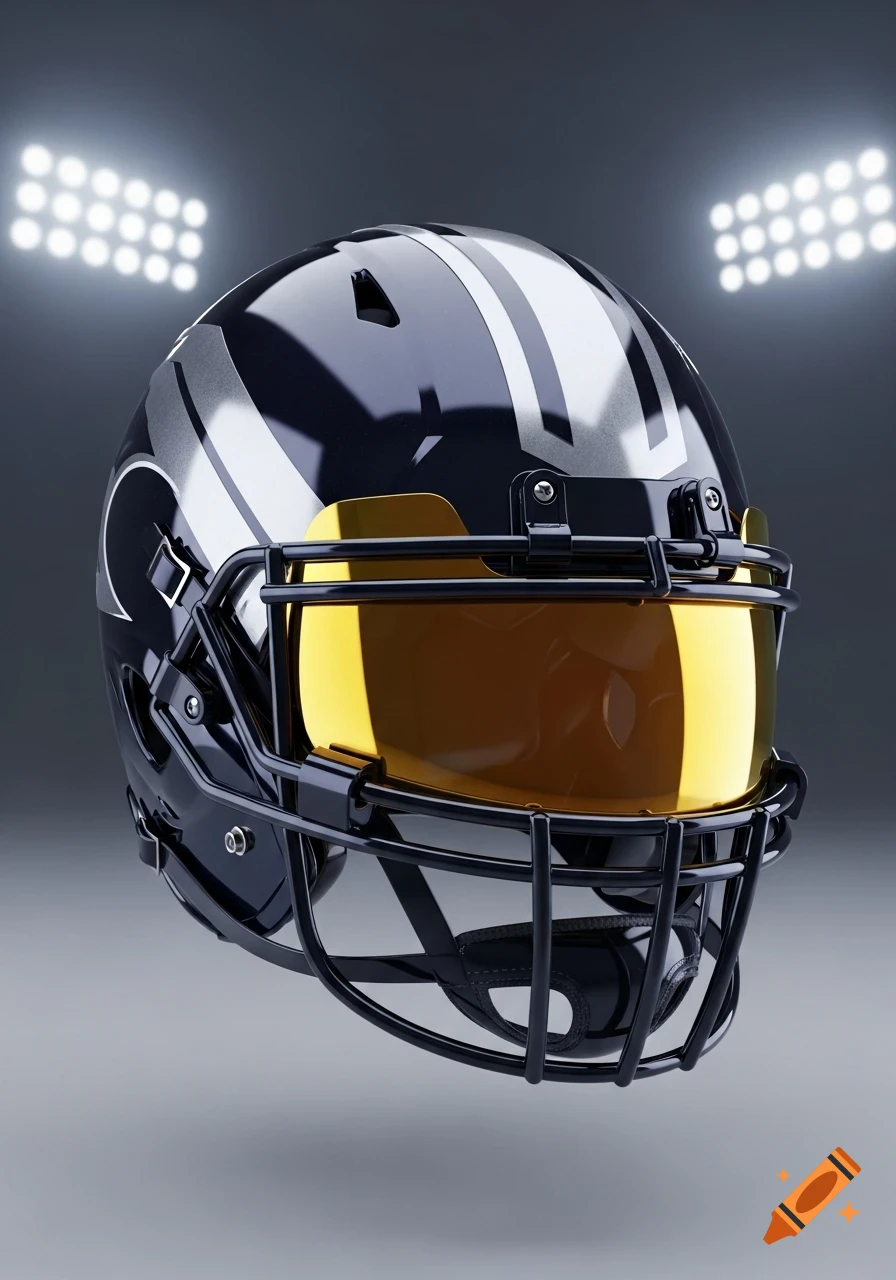 A close-up, photorealistic view of a black and silver football helmet with a gold visor, under stadium lights.
