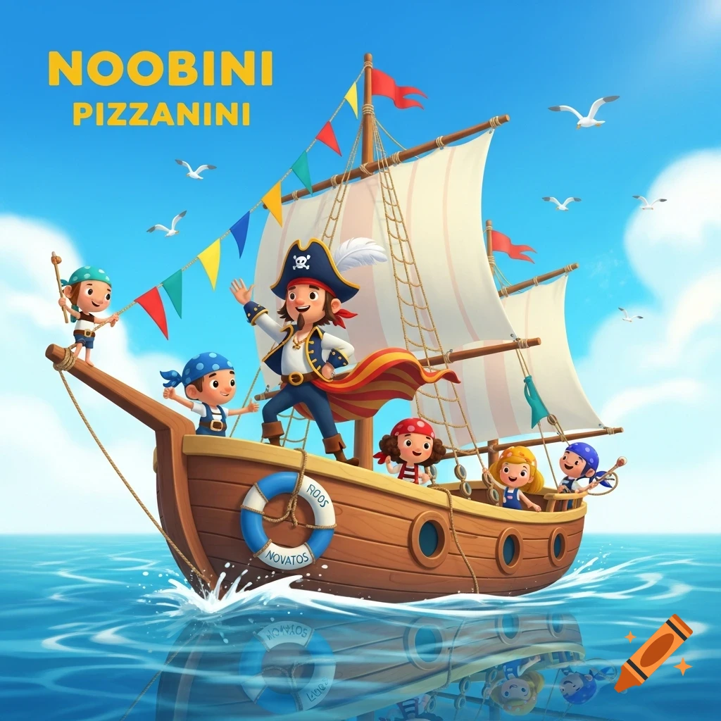 A cartoon pirate captain and four young pirate children sail on a wooden ship across blue waters under a clear sky.