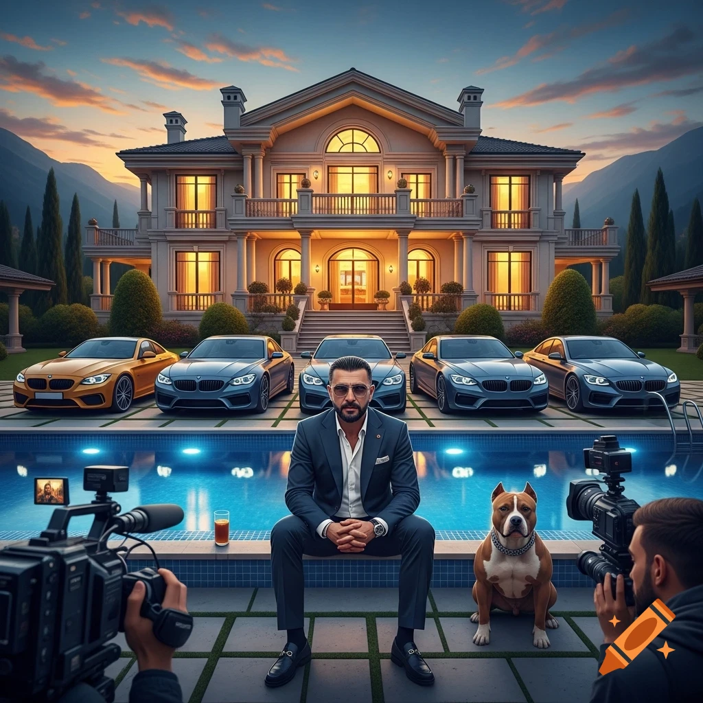 A man in a suit sits by a pool with his pitbull, being filmed in front of a grand mansion and five luxury cars at sunset.