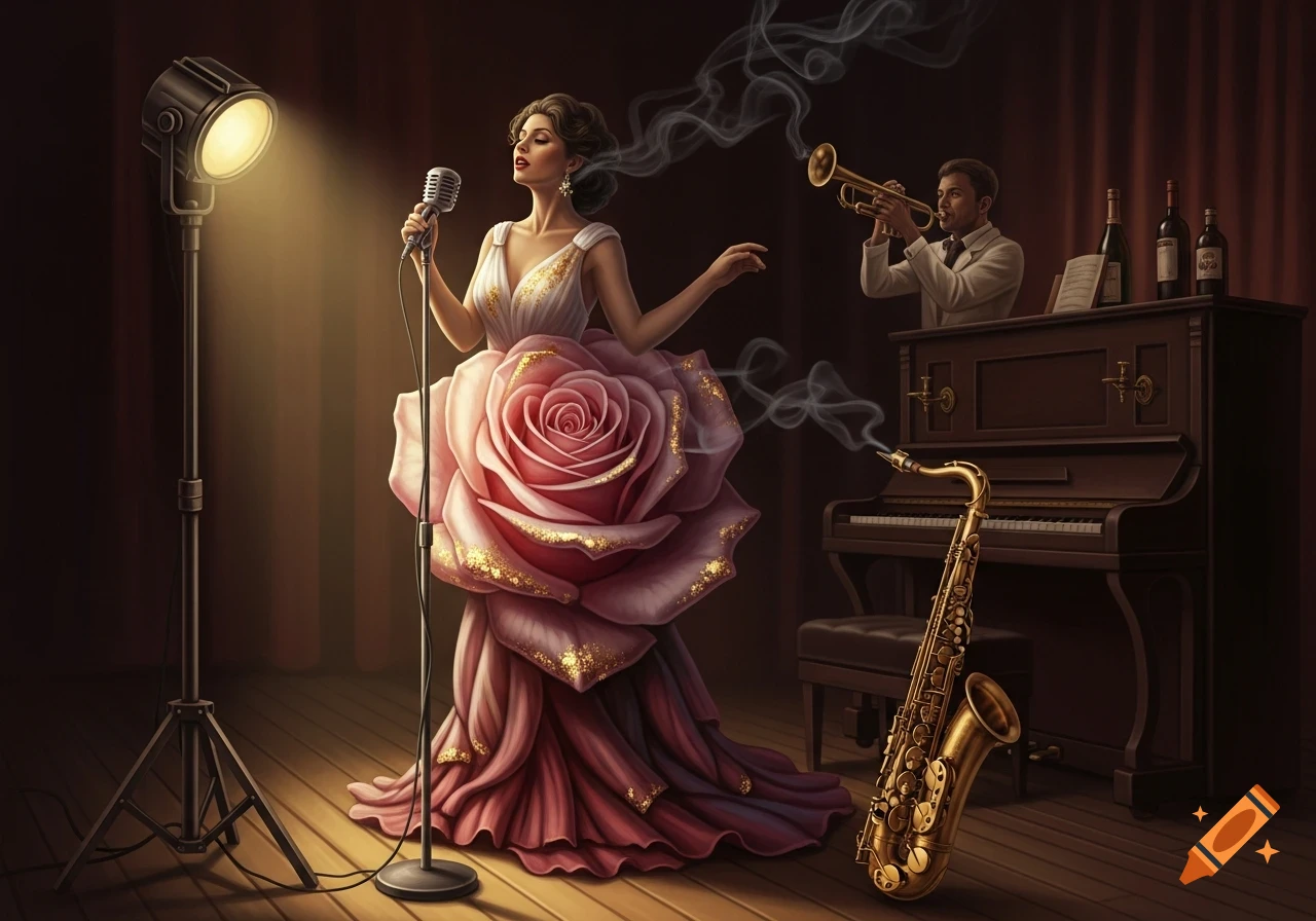 A stylized jazz singer in a rose dress performs on stage under a spotlight, with a trumpeter and piano in the background.