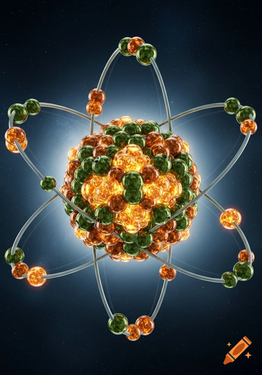 A stylized, glowing model of a multi-nuclear atom with green and orange spheres orbiting a dense core, set against a dark, starry background.