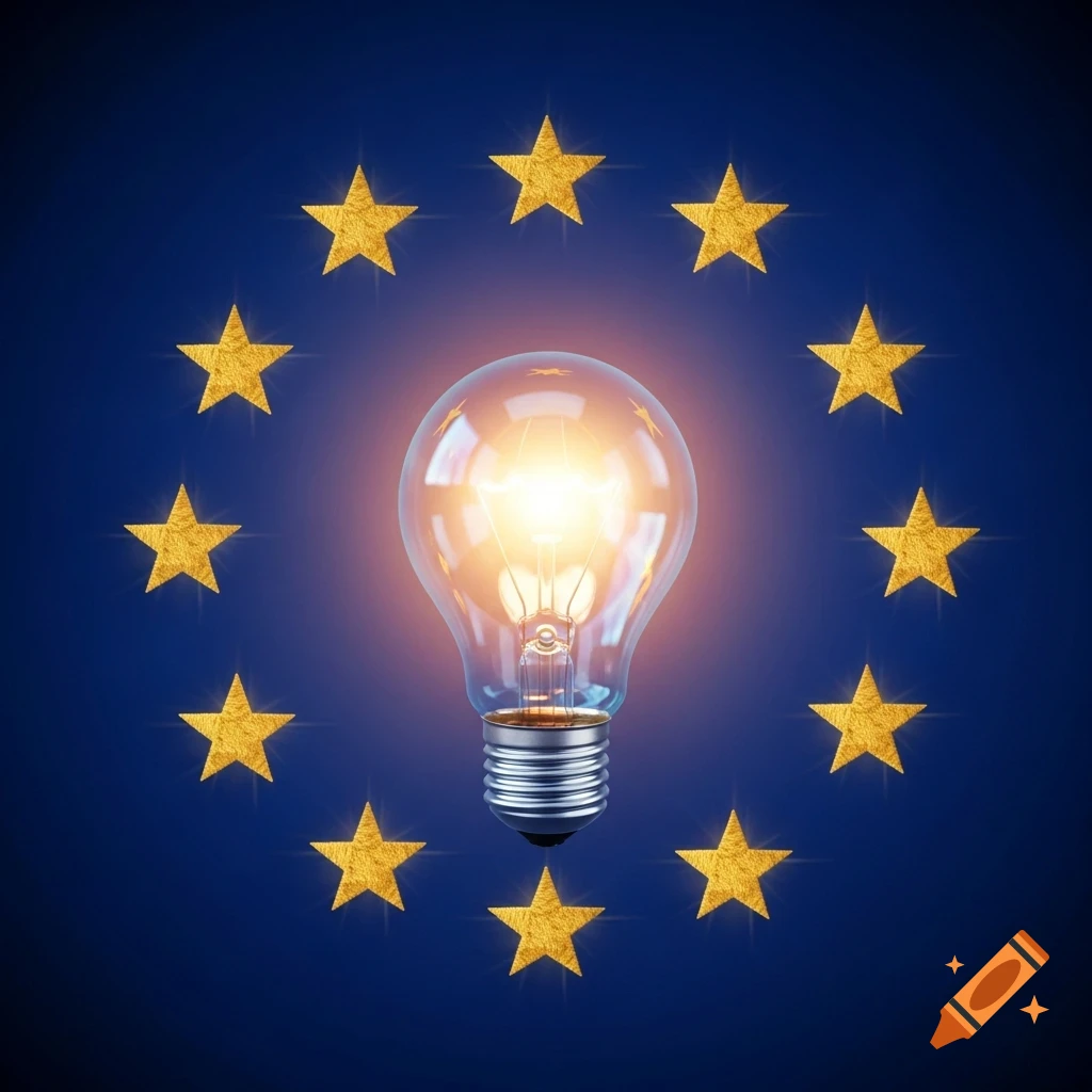 A glowing lightbulb centered within a circle of twelve golden stars on a dark blue background, symbolizing the European Union and ideas.
