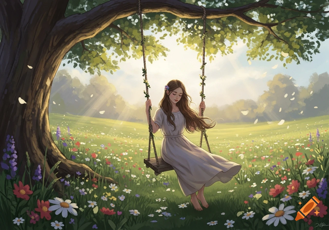 A girl on a swing under a large tree in a vibrant, sunlit meadow filled with colorful wildflowers, depicted in digital painting style.