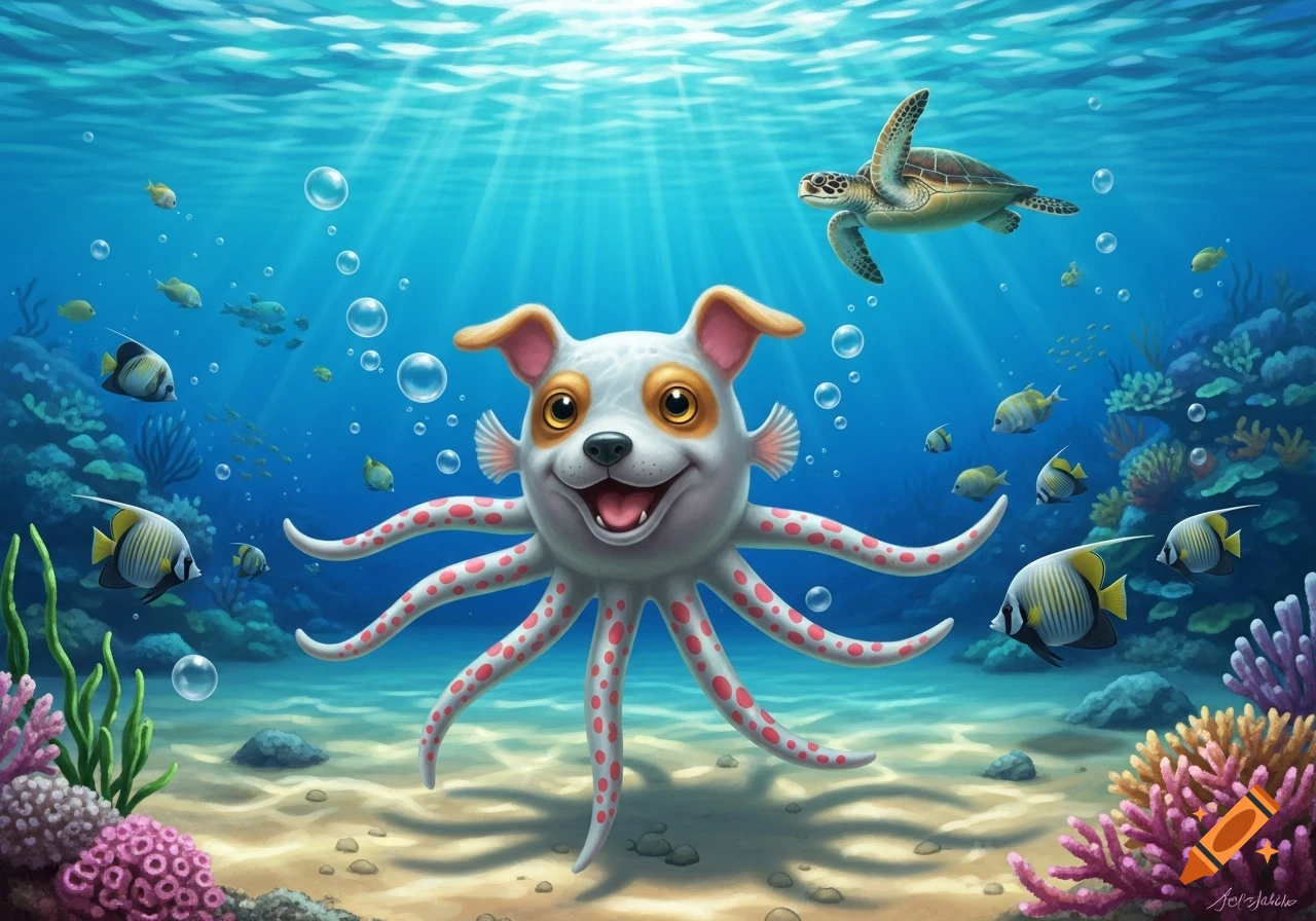 A cartoon dog-octopus creature smiles playfully underwater with fish, a sea turtle, and coral.