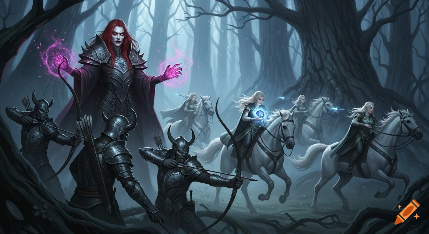 A sinister sorcerer and horned warriors ambush elven riders on white horses in a dark, misty fantasy forest.
