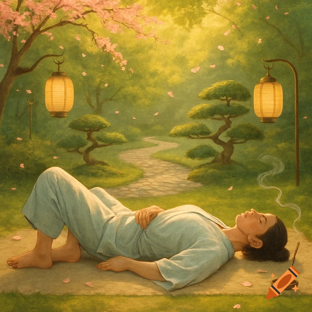 A person in light blue clothing lies on their back, relaxing in a serene Japanese garden with cherry blossoms, lanterns, and smoking incense.