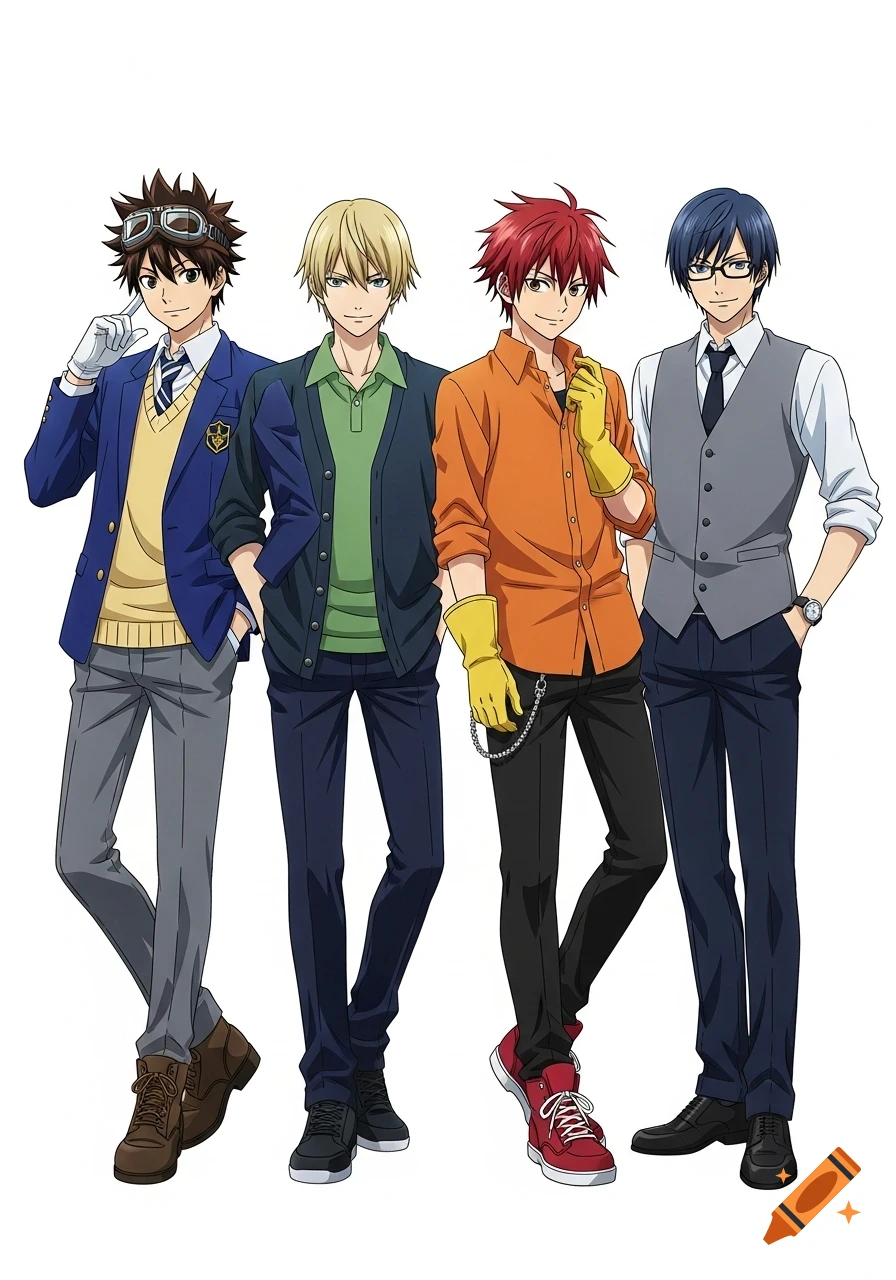 Four anime boys with distinct hair colors and outfits, including school uniforms, posing against a white background.