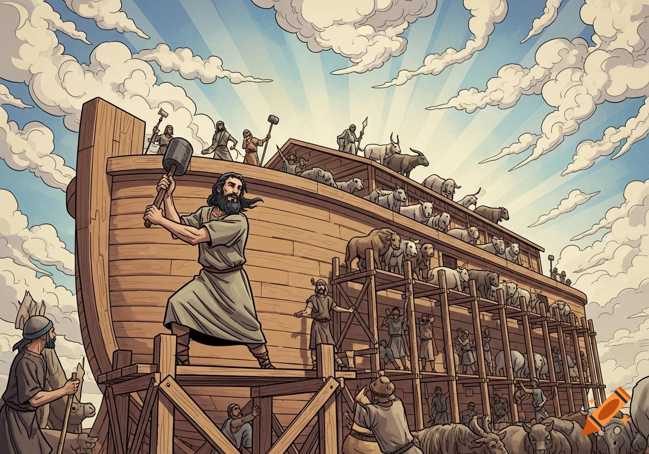 Comic illustration of a bearded man, Noah, hammering on the large wooden ark as other people and animals work and gather around.