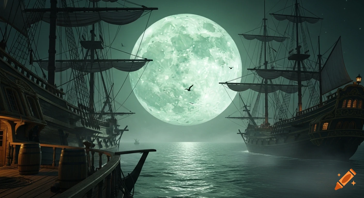 Two dark pirate ships face each other on a calm, green-lit ocean under a huge, glowing green full moon, with small birds flying in the misty sky, evoking a mystical, atmospheric scene.