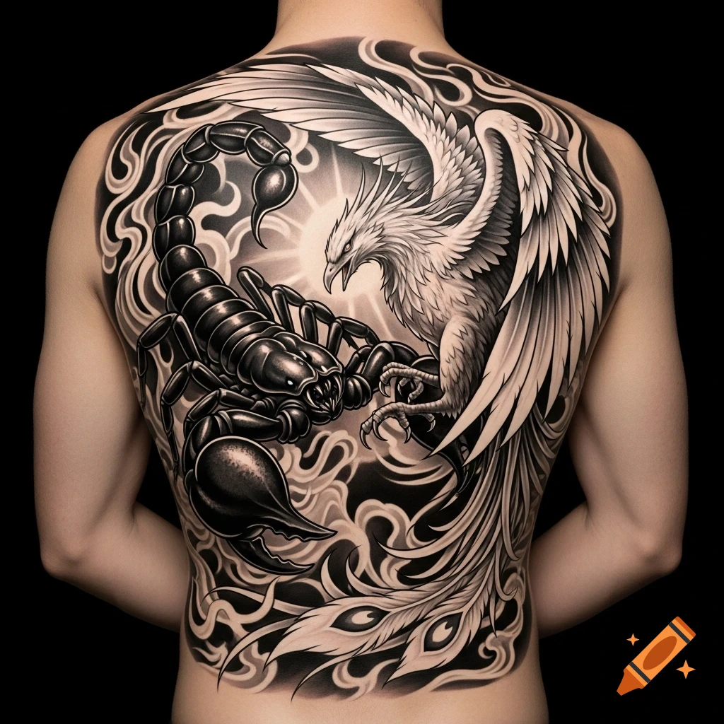 Detailed black and white tattoo of a scorpion and a phoenix battling on a person's back, surrounded by swirling patterns.
