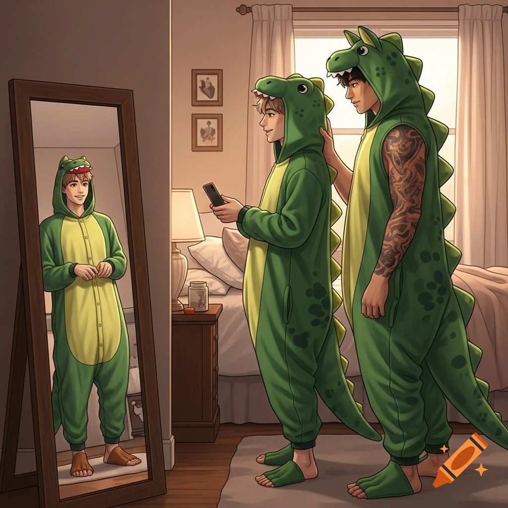 Two young men in green dinosaur pajamas stand in a cozy bedroom, one checking his reflection in a mirror.