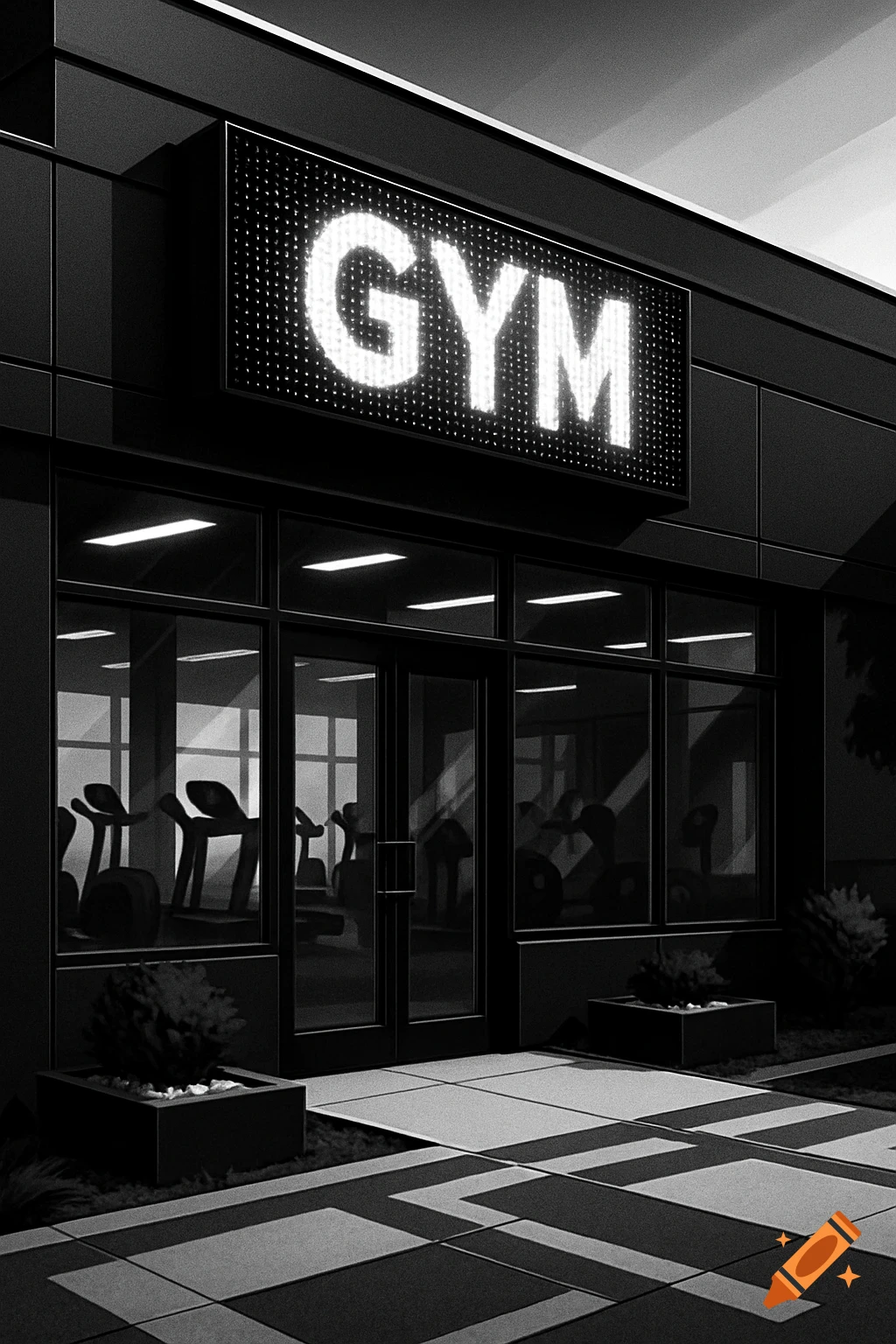 A black and white illustrative view of a gym exterior with an illuminated 'GYM' sign above the entrance.