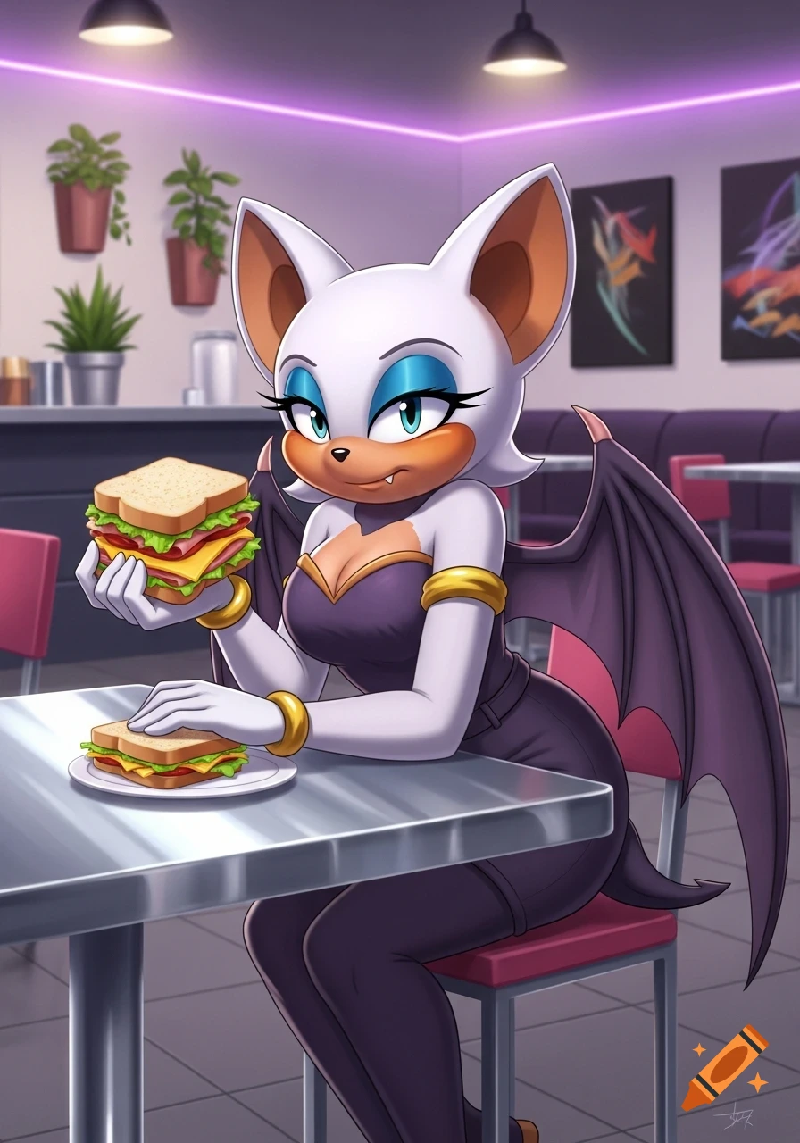 Anime style Rouge the Bat sitting at a diner table, holding a tall sandwich and another on her plate.