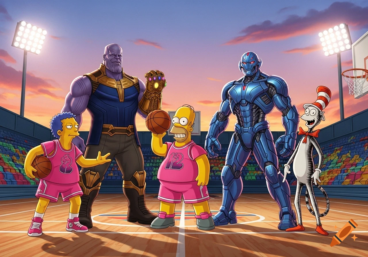 Cartoon characters Thanos, Ultron, Cat in the Hat, Homer Simpson, and a child resembling Marge Simpson playing basketball on a court.