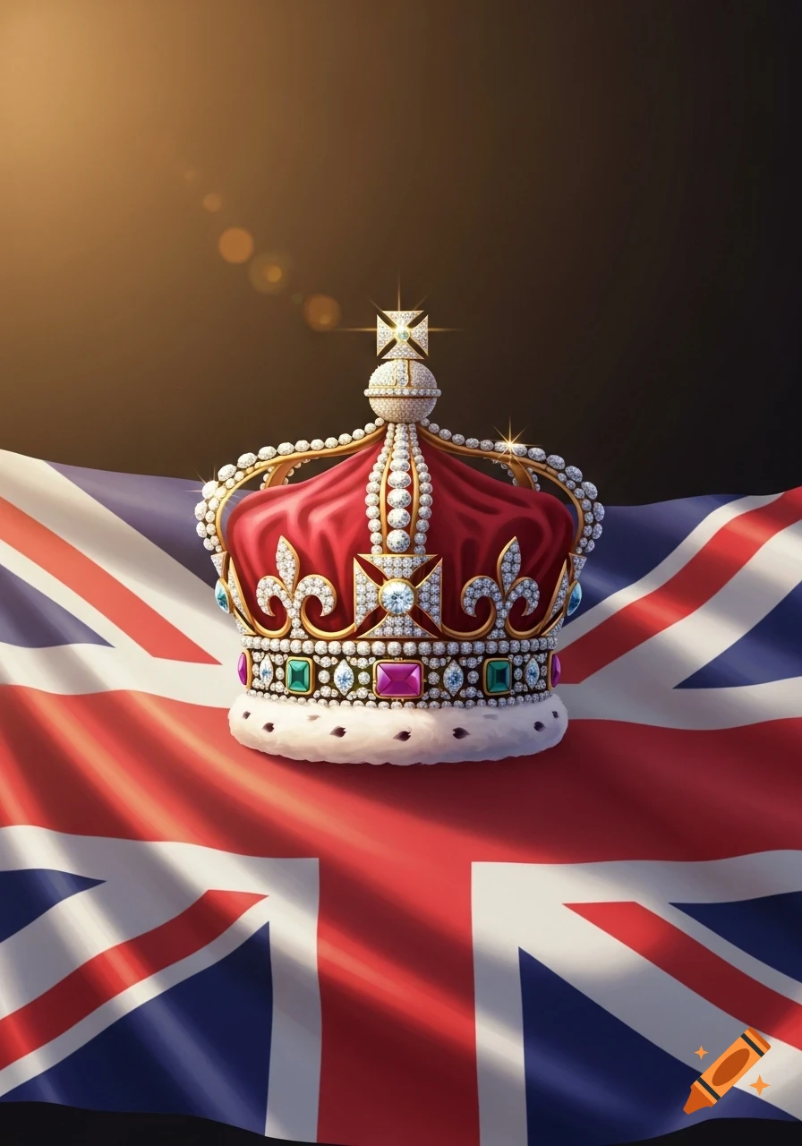 A detailed British crown with jewels and ermine fur rests on a waving Union Jack flag, against a dark background with light flare.