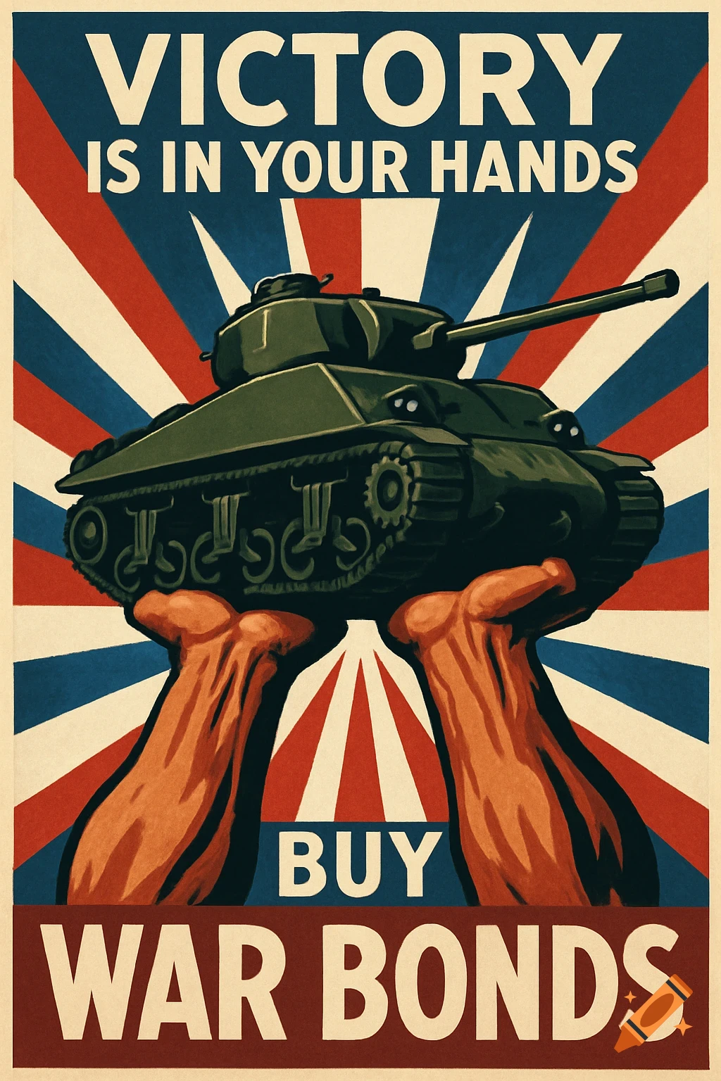 WWII American propaganda poster with hands holding a tank against patriotic rays. Text: Victory Is in Your Hands \u2014 Buy War Bonds.