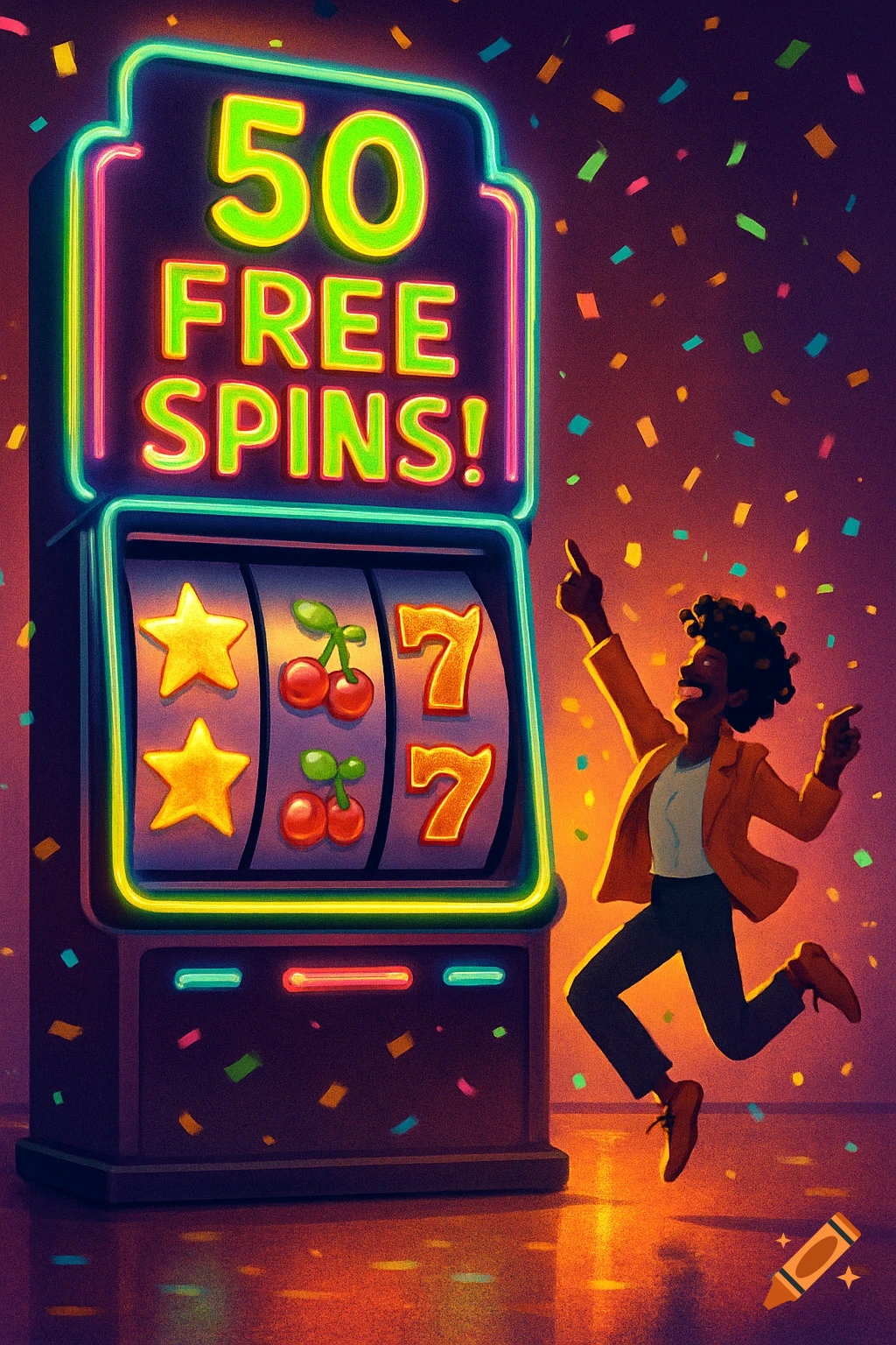 A person joyfully celebrates winning "50 FREE SPINS!" on a neon-lit slot machine, surrounded by confetti in a vibrant illustration.