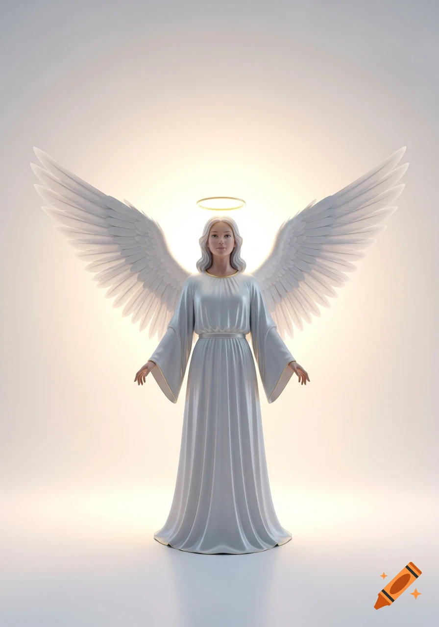 A serene 3D rendered angel with large white wings, a gold halo, and a flowing white gown stands against a glowing white background.