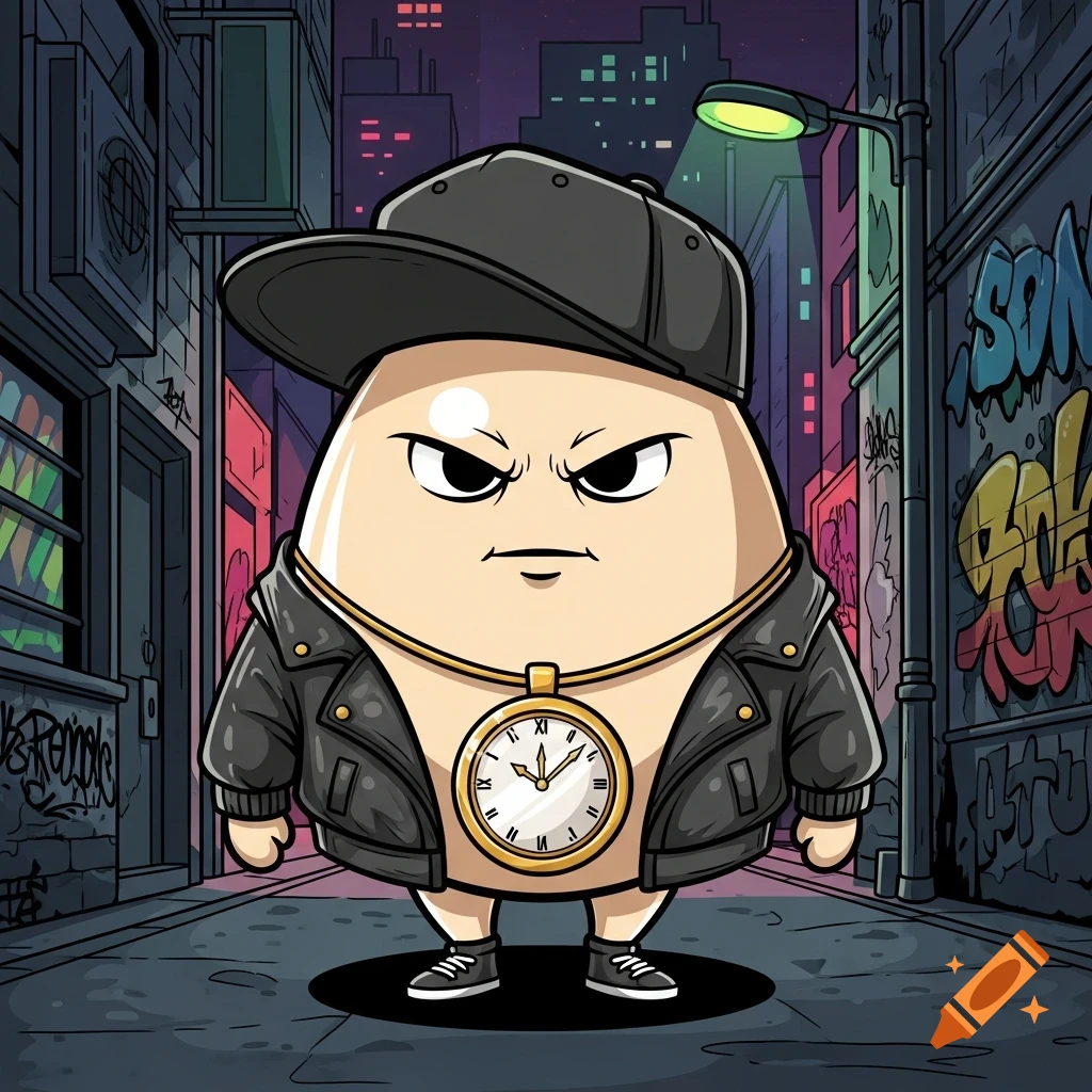 A tough cartoon egg character in a black leather jacket, cap, and gold clock medallion stands in a graffiti-filled city alley at night.