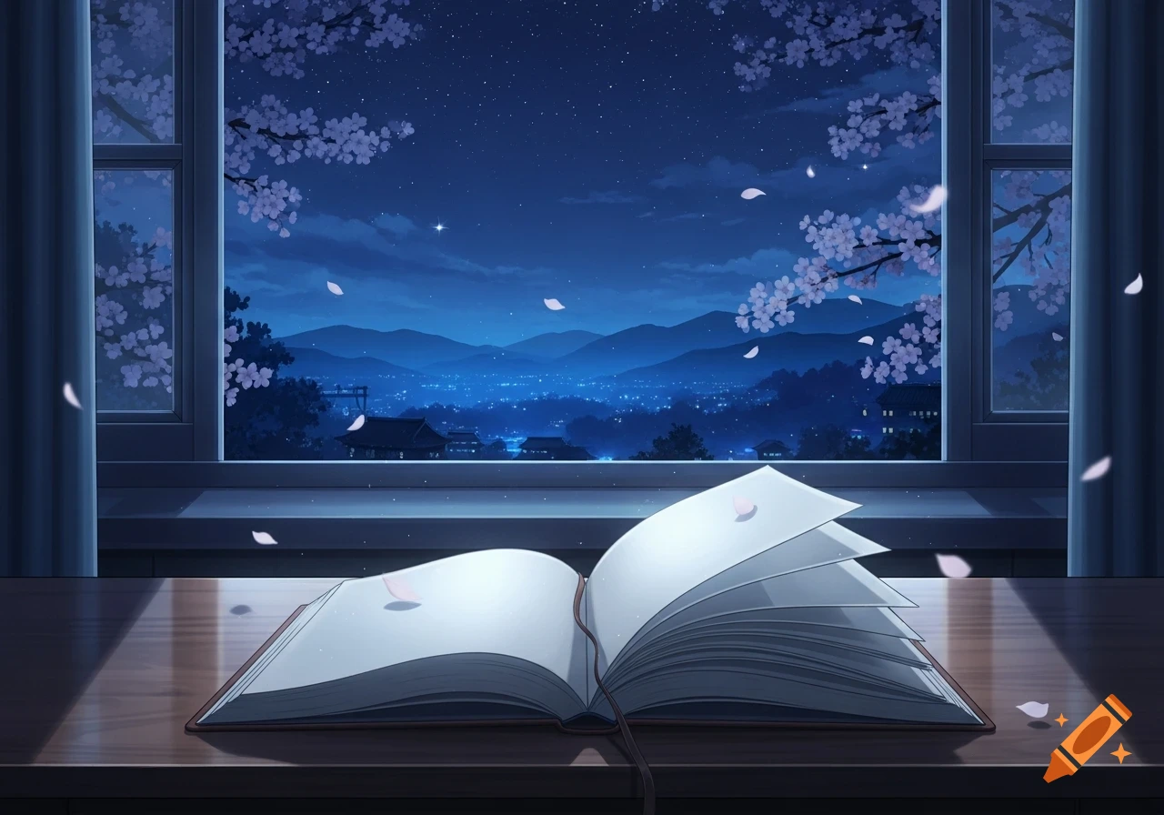 Anime style scene of an open book on a desk, overlooking a night city view with mountains and cherry blossoms.