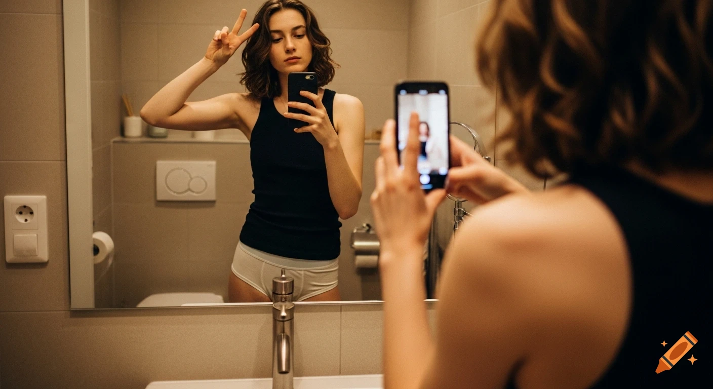 A young woman in a black tank top and underwear takes a selfie in a bathroom mirror, making a peace sign.