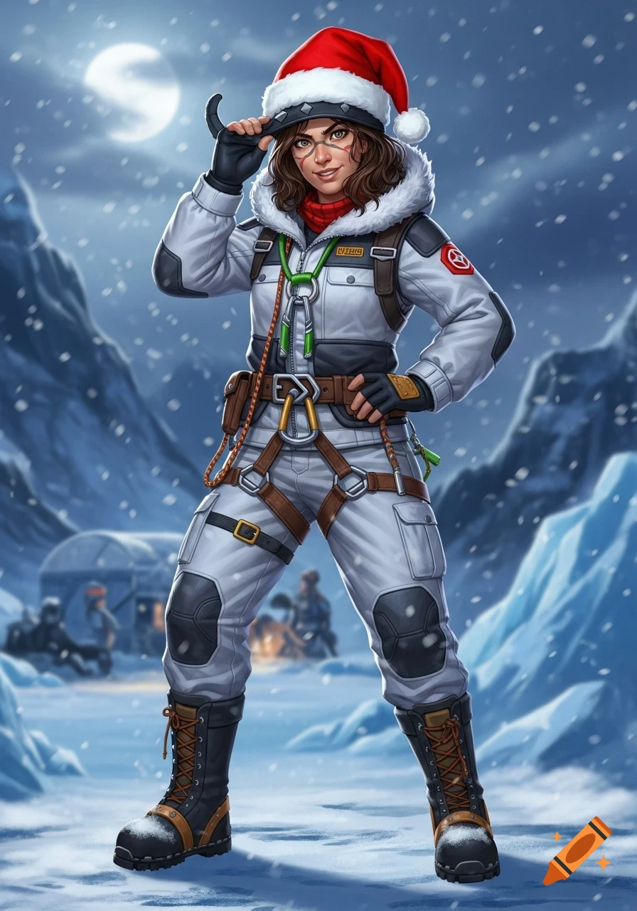 A smiling female character in white winter expedition gear and a Santa hat stands in a snowy mountain landscape at night, tipping her hat.