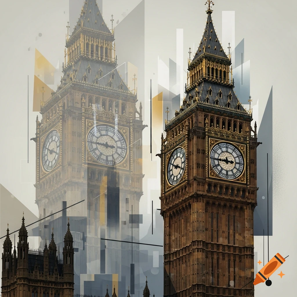 A cubist painting of Big Ben, with fragmented golden and brown clock towers against a geometric gray background.