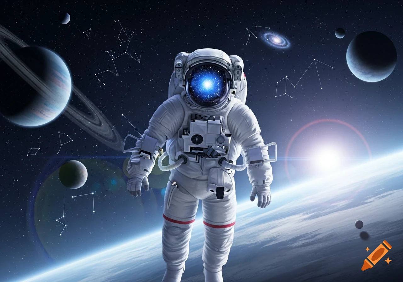 A photorealistic astronaut in a white suit floats above a blue planet, surrounded by other planets, constellations, and a distant sun in deep space.