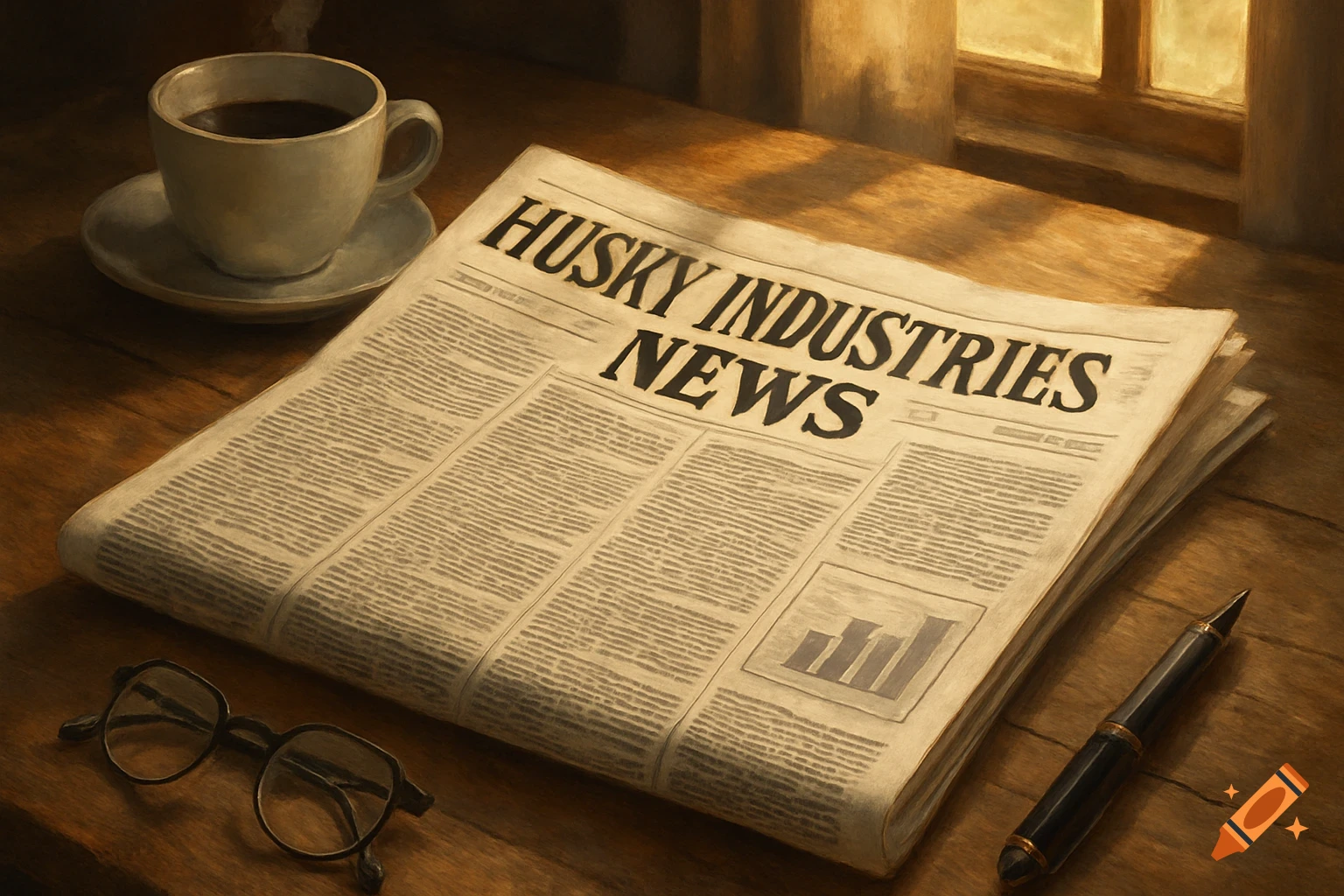 A painting of a newspaper with 'HUSKY INDUSTRIES NEWS' headline, coffee, glasses, and a pen on a wooden table by a window.