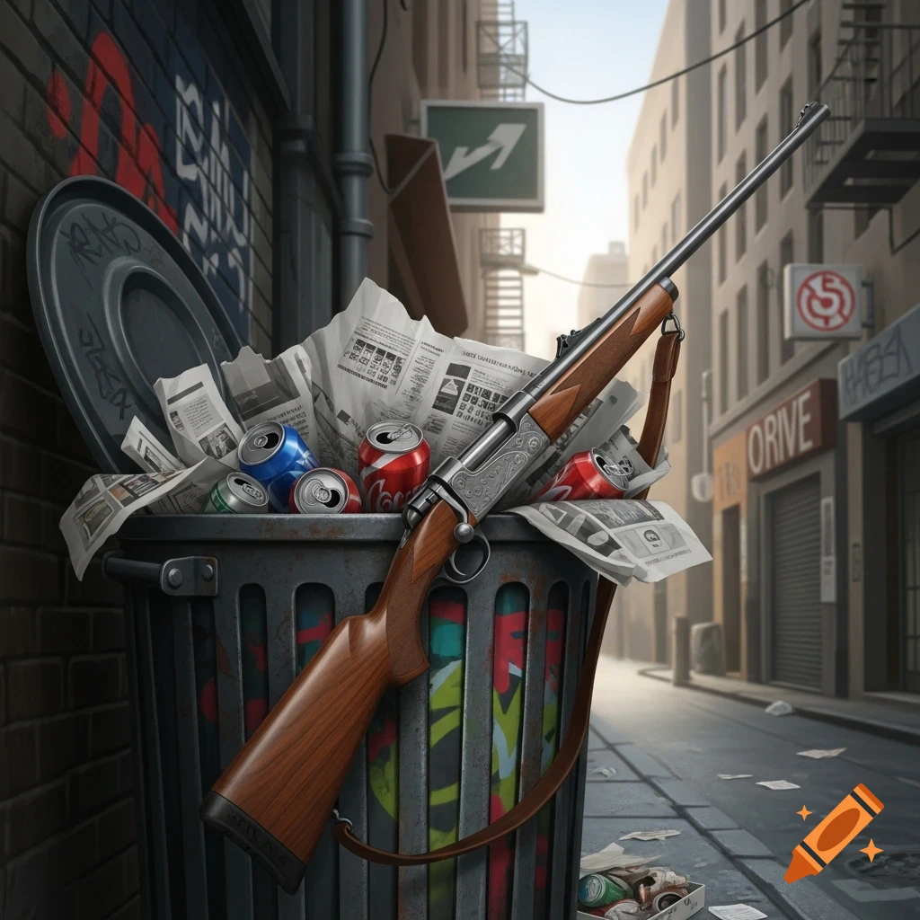 A hunting rifle with a wooden stock resting in an overflowing trash can filled with newspapers and soda cans in a gritty alleyway.