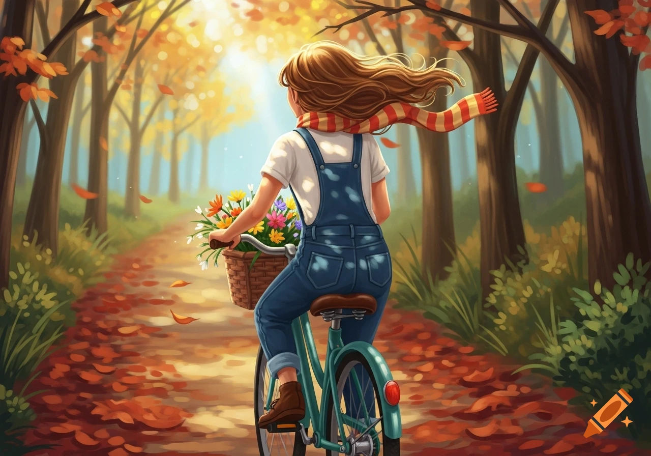 Illustrated girl in overalls rides a bike with a flower basket through an autumnal forest path with falling leaves.
