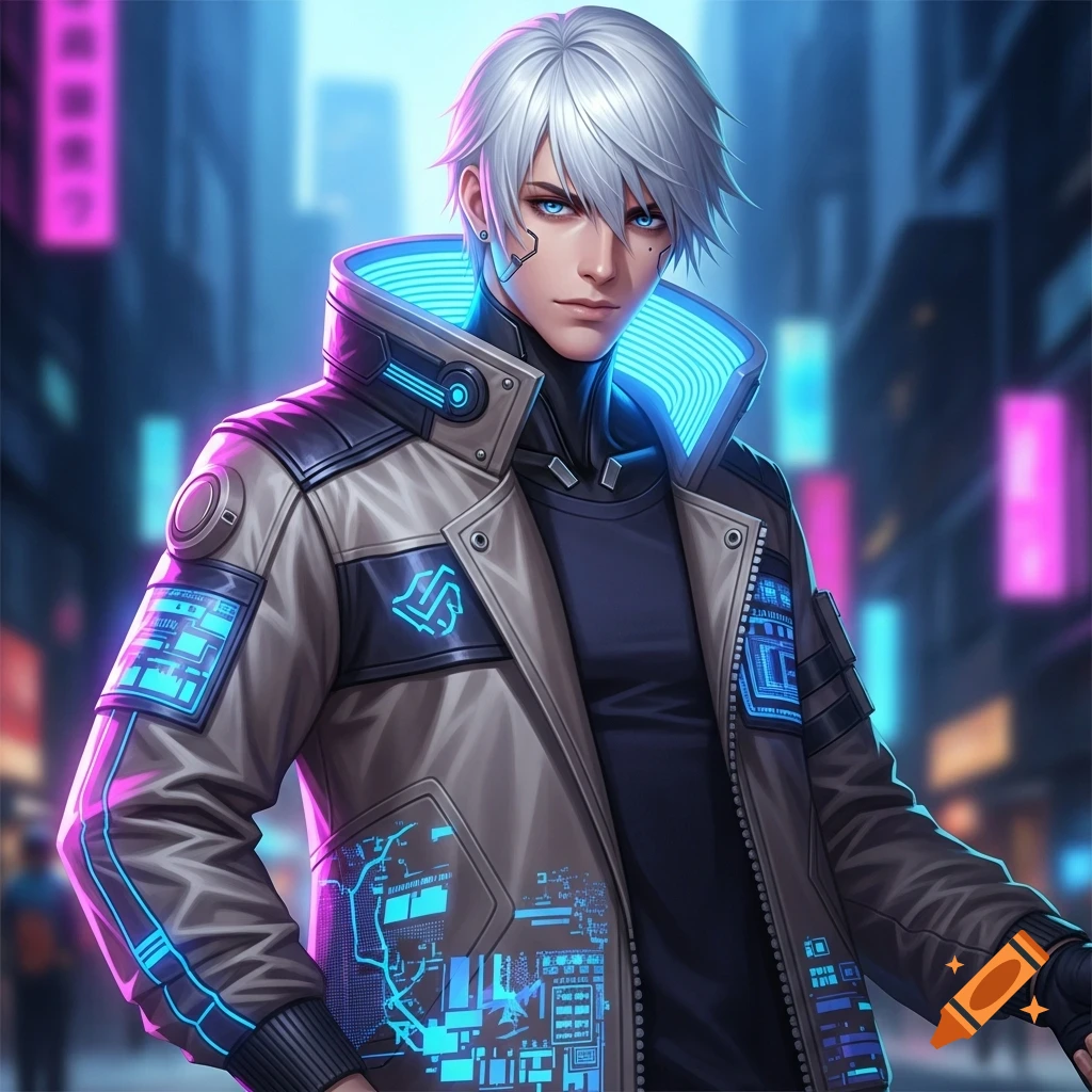 Anime-style male character with white hair and icy blue eyes in a cyberpunk jacket, standing in a neon-lit city.