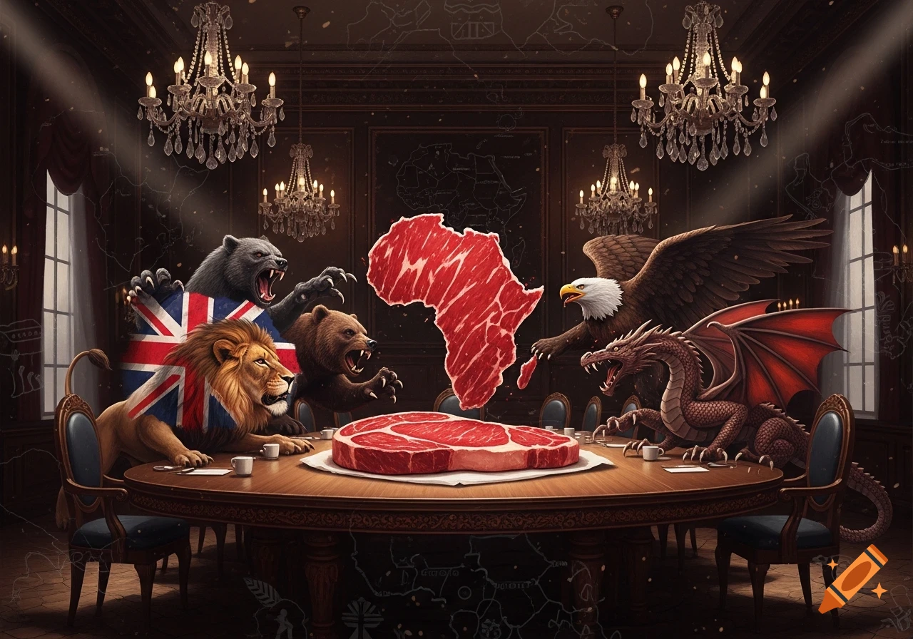 National animals (lion with UK flag, bears, eagle, dragon) aggressively surround a table with a map of Africa as meat and a large steak.
