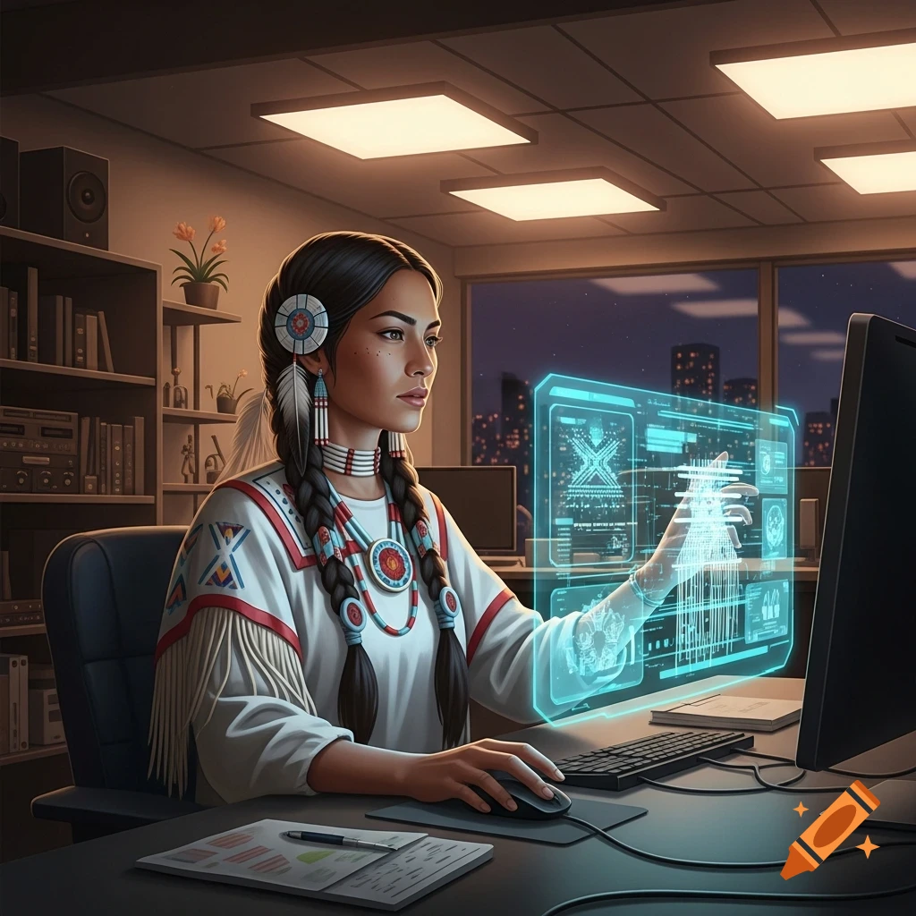 A Native American woman in traditional attire works on a computer with a glowing holographic interface in a modern office at night.