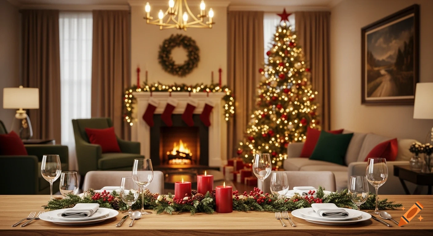 Photorealistic image of a Christmas dining table setting in a cozy ...