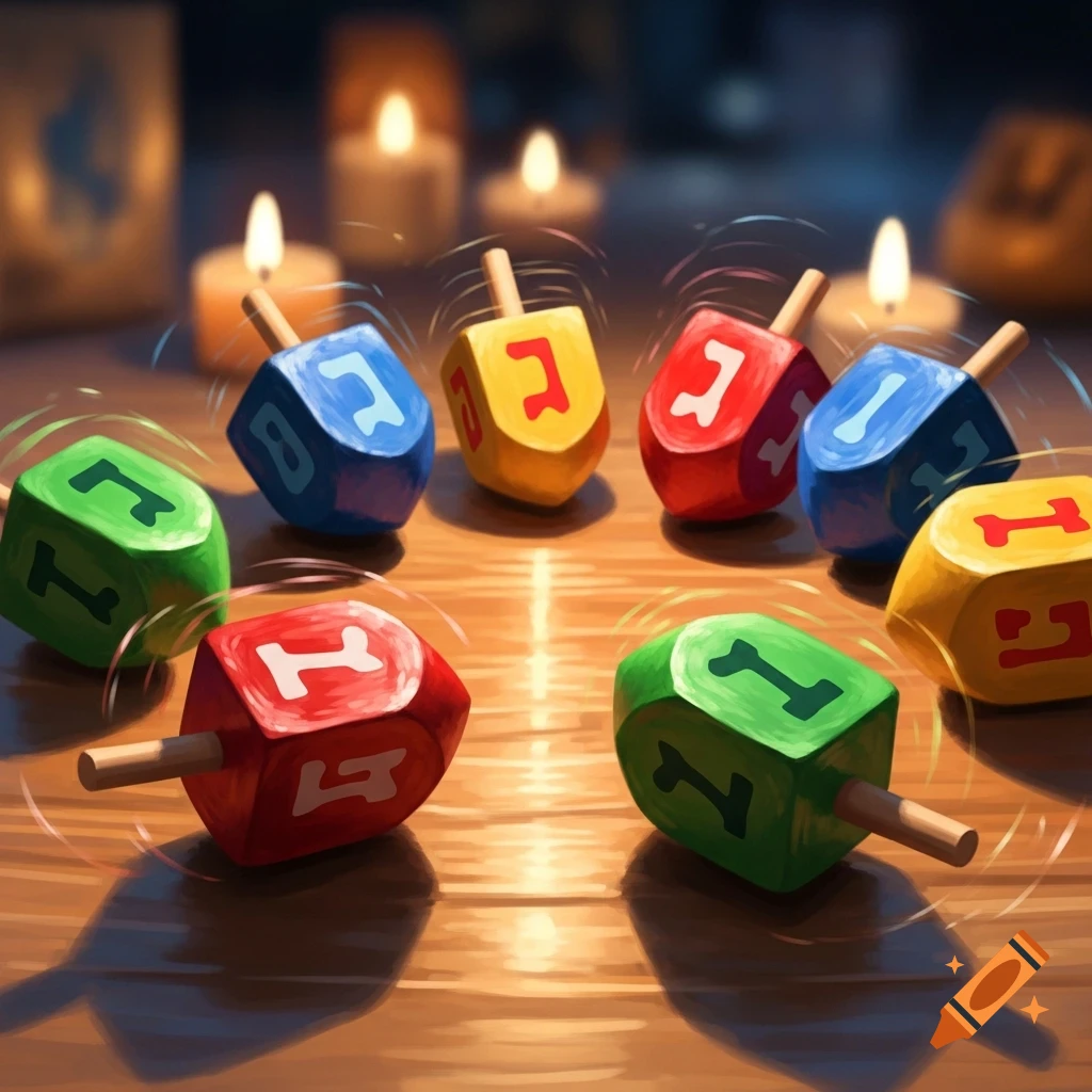Colorful dreidels with Hebrew letters spinning on a wooden surface, with blurred lit candles in the background.