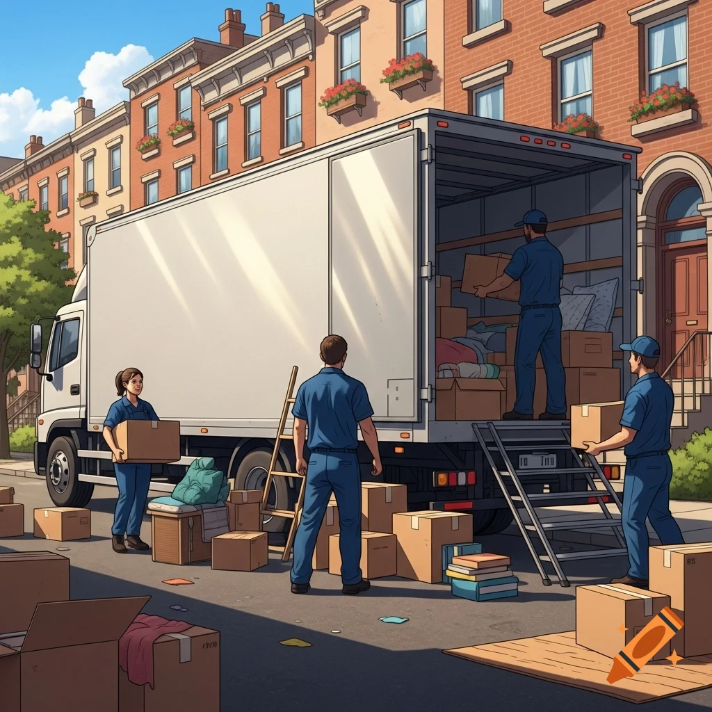 Three movers load boxes onto a large white moving truck parked on a city street in front of brick buildings, in a cartoon-like style.