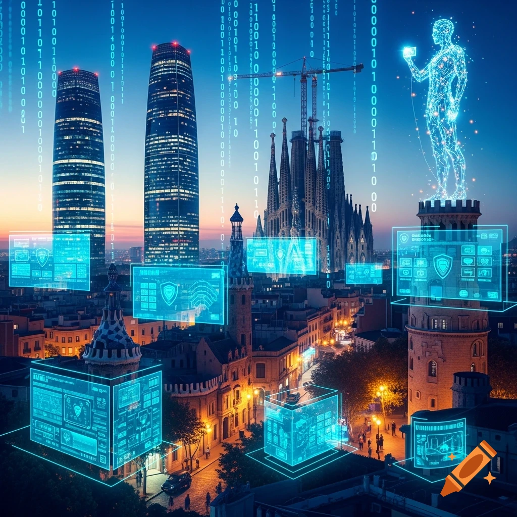 A futuristic city at sunset with two tall skyscrapers and the Sagrada Familia. Holographic screens with data float above the city, and binary code streams vertically. A glowing digital human figure stands on a tower.