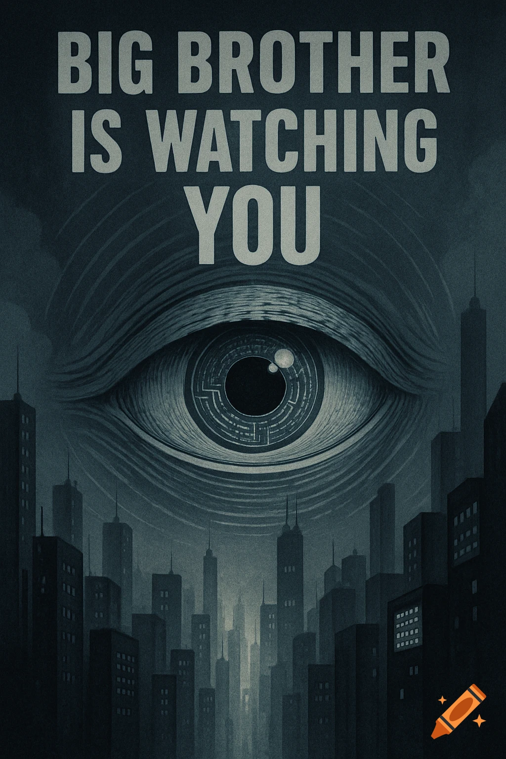 A dystopian poster featuring a large eye above a dark cityscape, with the text 'BIG BROTHER IS WATCHING YOU' at the top.