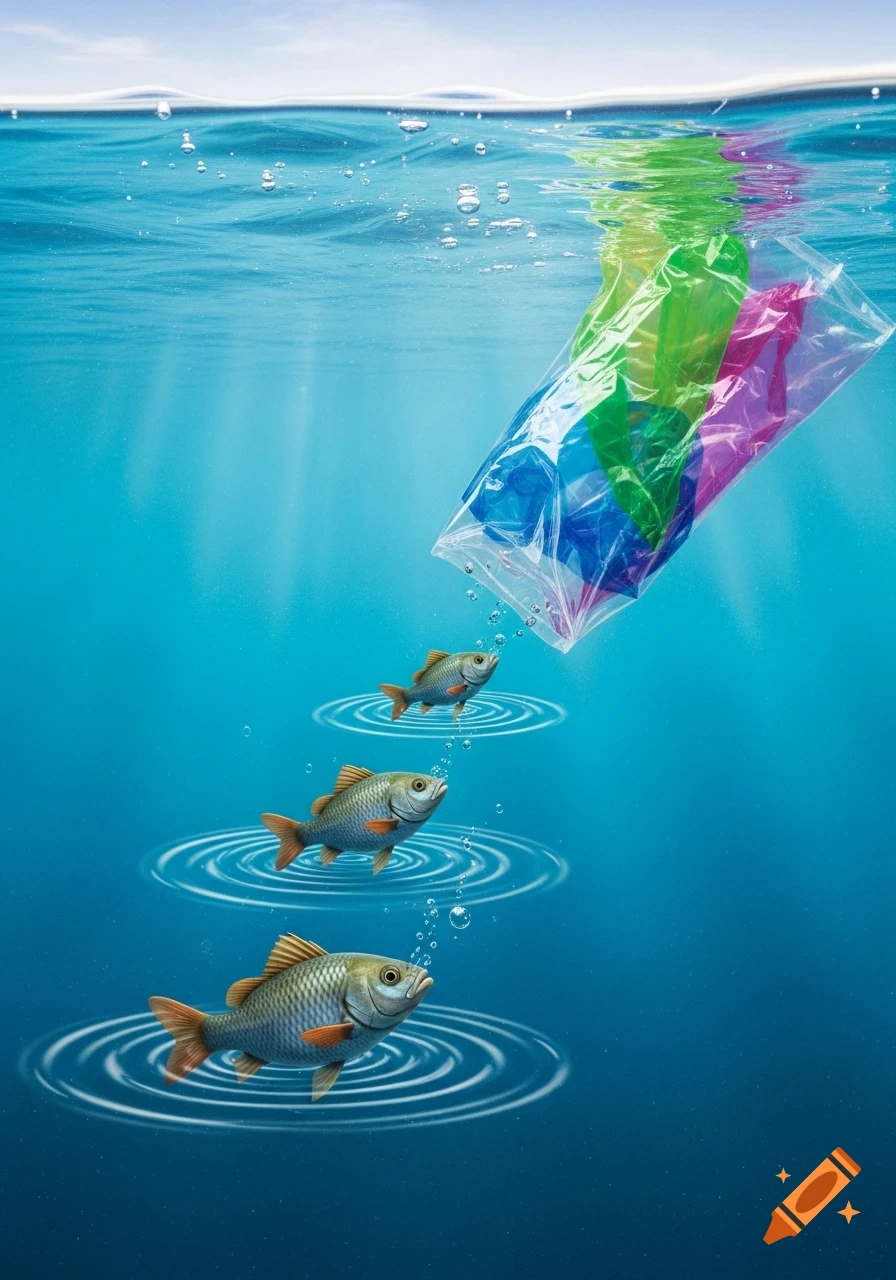 Three fish underwater, from small to large, with a colorful plastic bag above them, depicting ocean pollution.