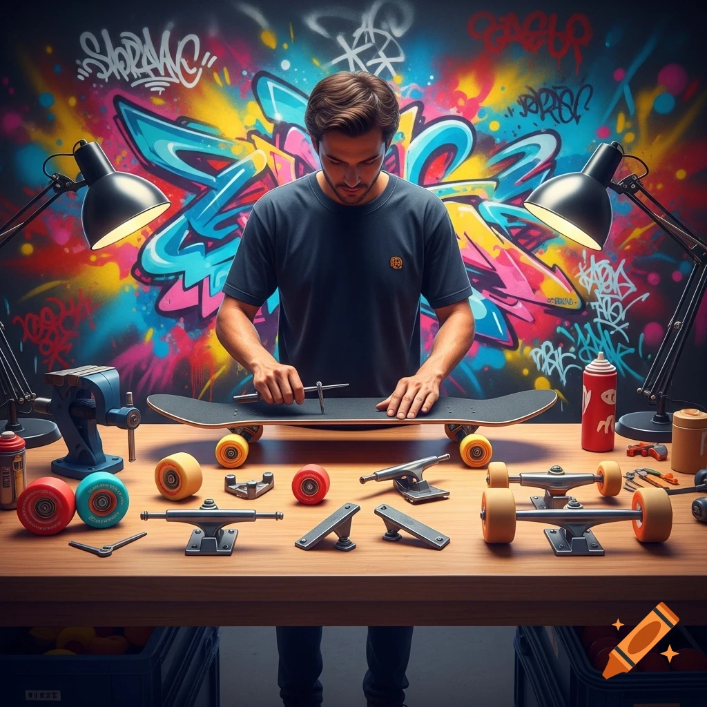 A man in a workshop assembling a skateboard on a wooden workbench, with various tools and parts, against a vibrant, colorful graffiti background.