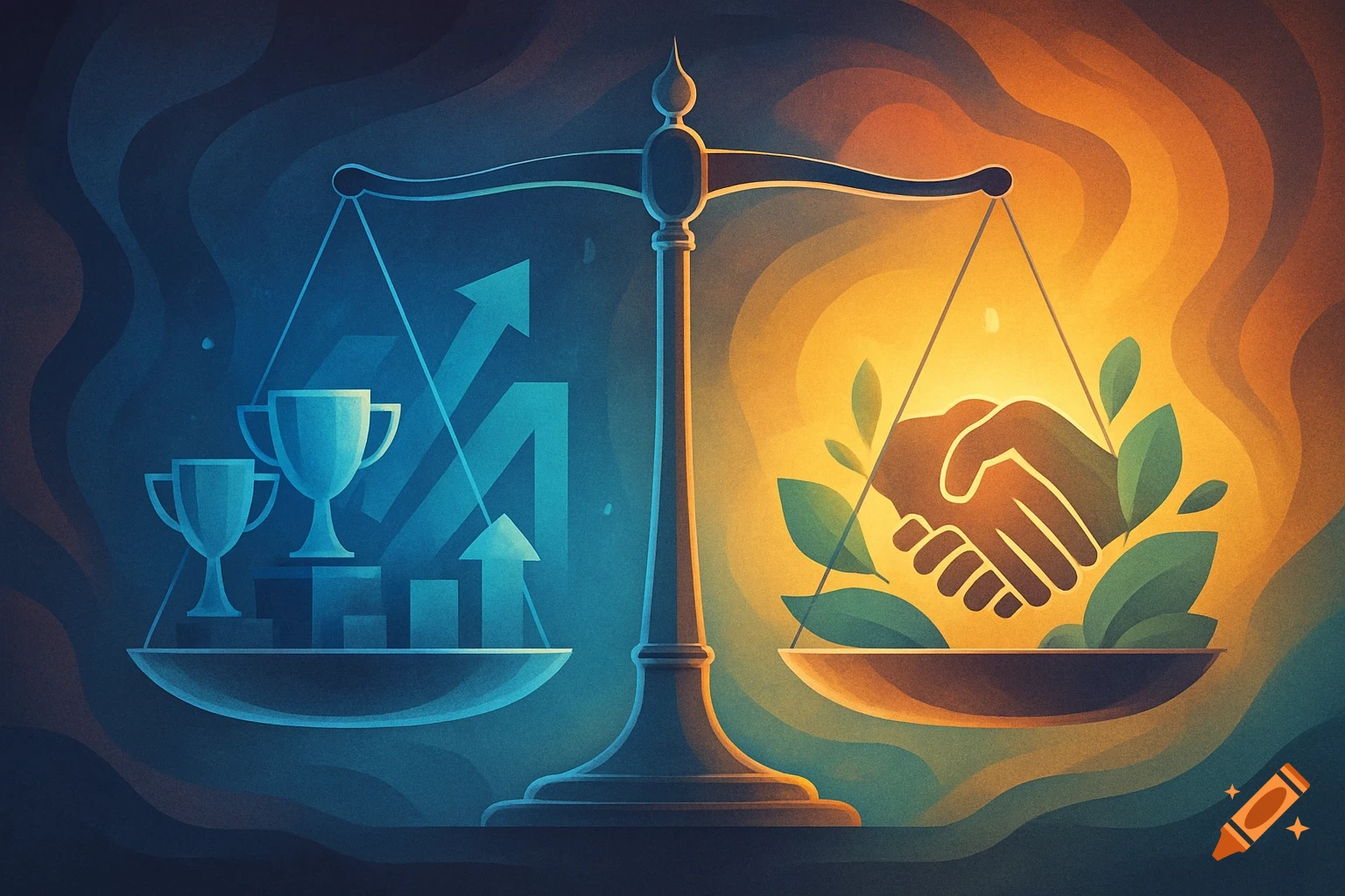 A stylized scale balances blue trophies and growth charts against orange hands shaking with green leaves.