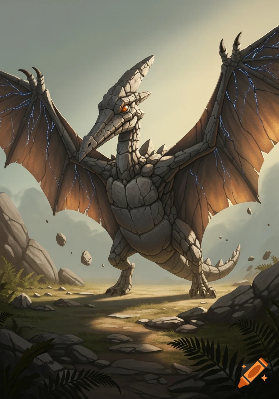 A cartoonish rock-like pterodactyl creature stands in a rocky, grassy landscape with glowing blue veins on its wings.