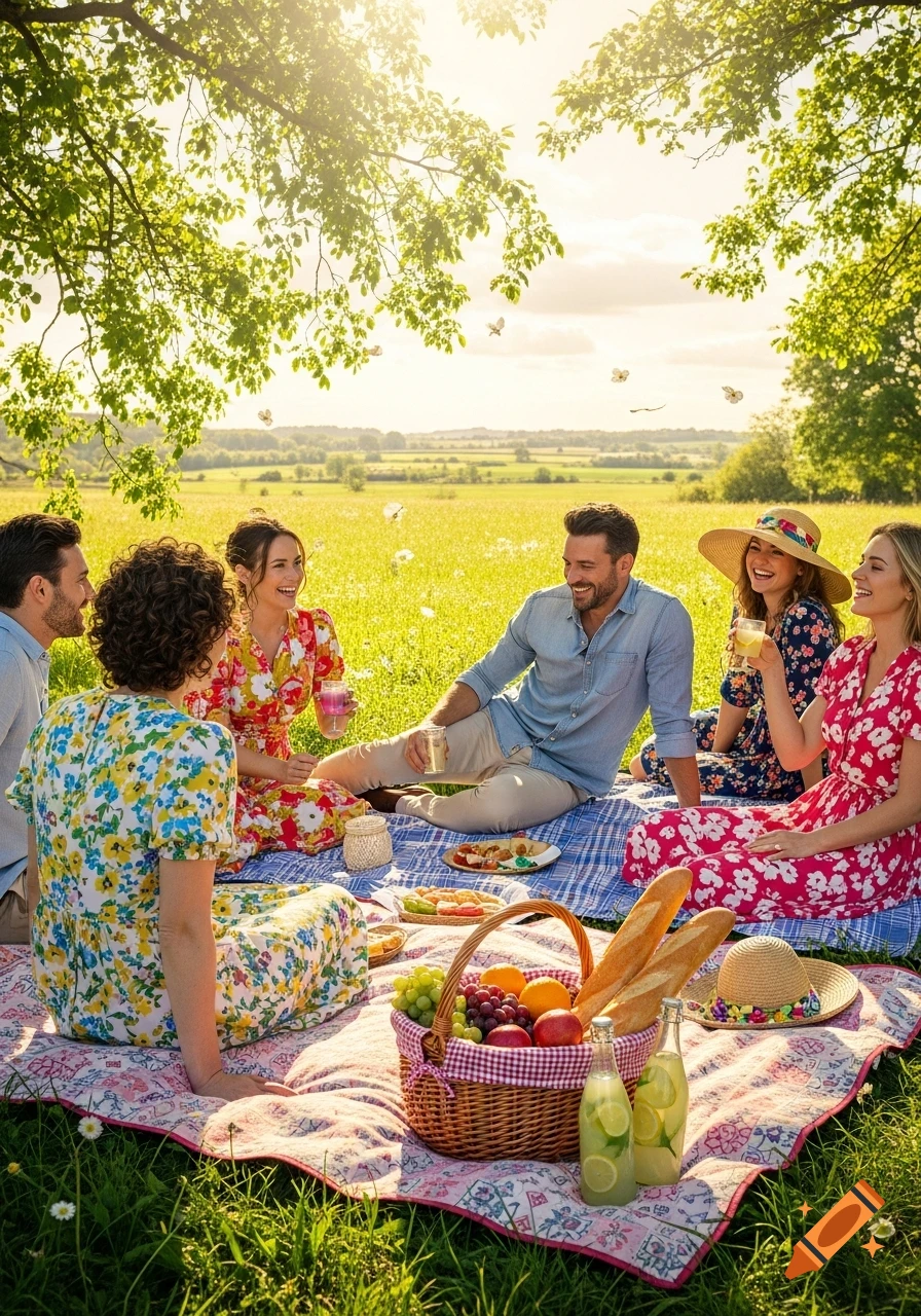 A group of friends having a sunny picnic on a blue and pink blanket in a green meadow under a tree.