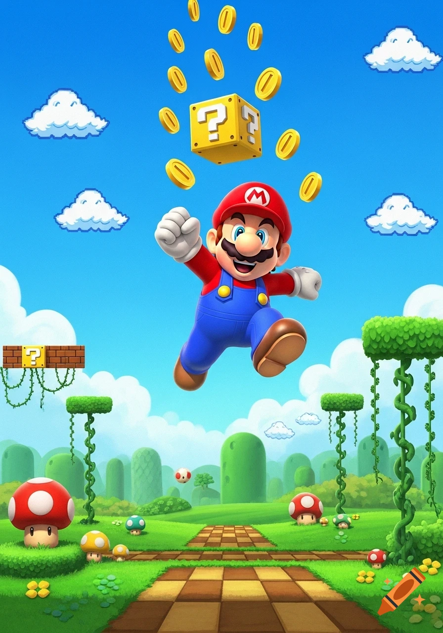 Super Mario jumps for coins above a question block in a colorful video game landscape with mushrooms and hills.