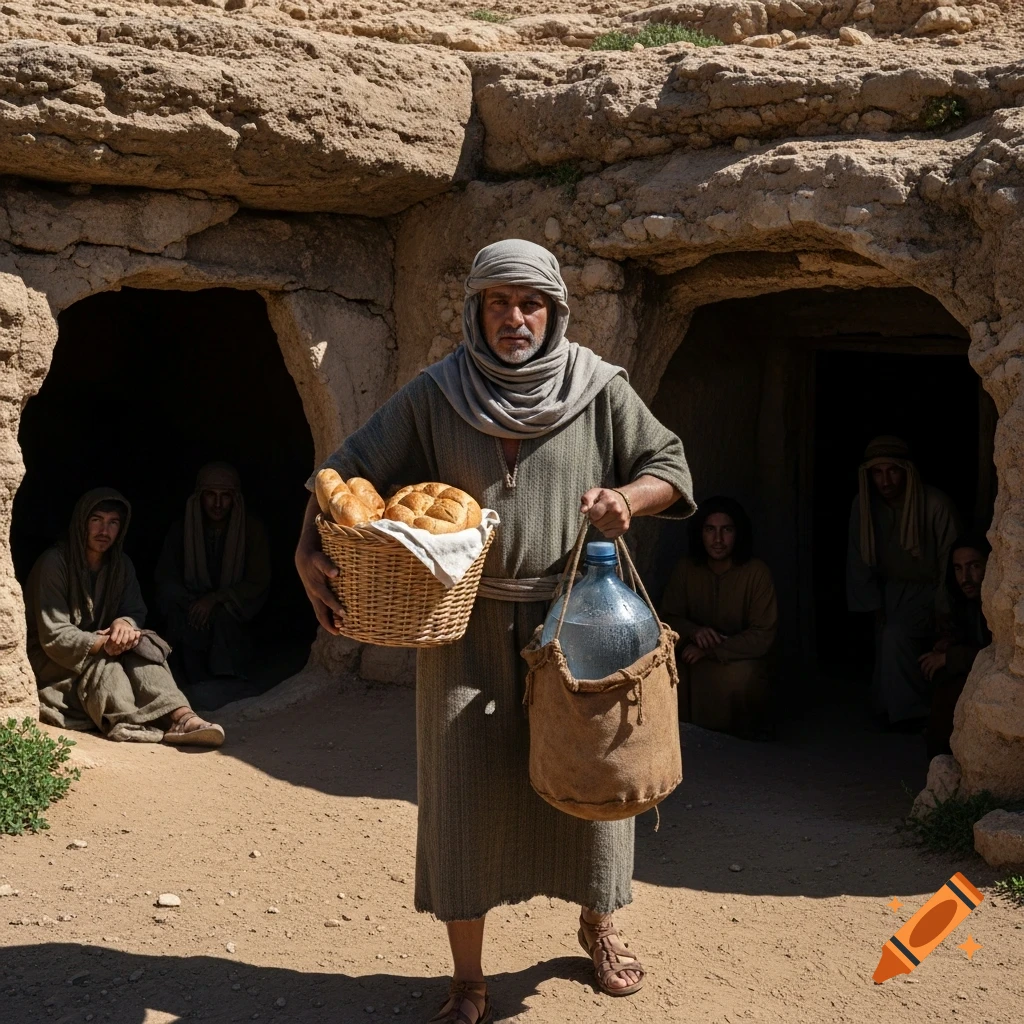 A man in ancient robes with a covered head carries a basket of bread and a water jug in a sunlit, rocky landscape with cave entrances.