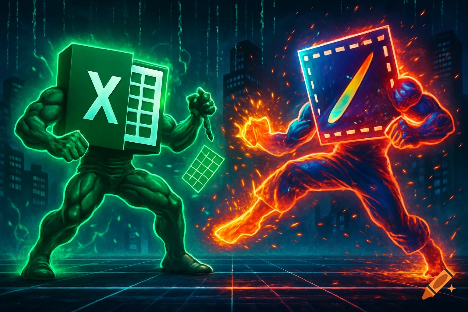 Digital art of a green muscular figure with an Excel 'X' logo head fighting a fiery orange figure with a generic program logo head on a grid floor.